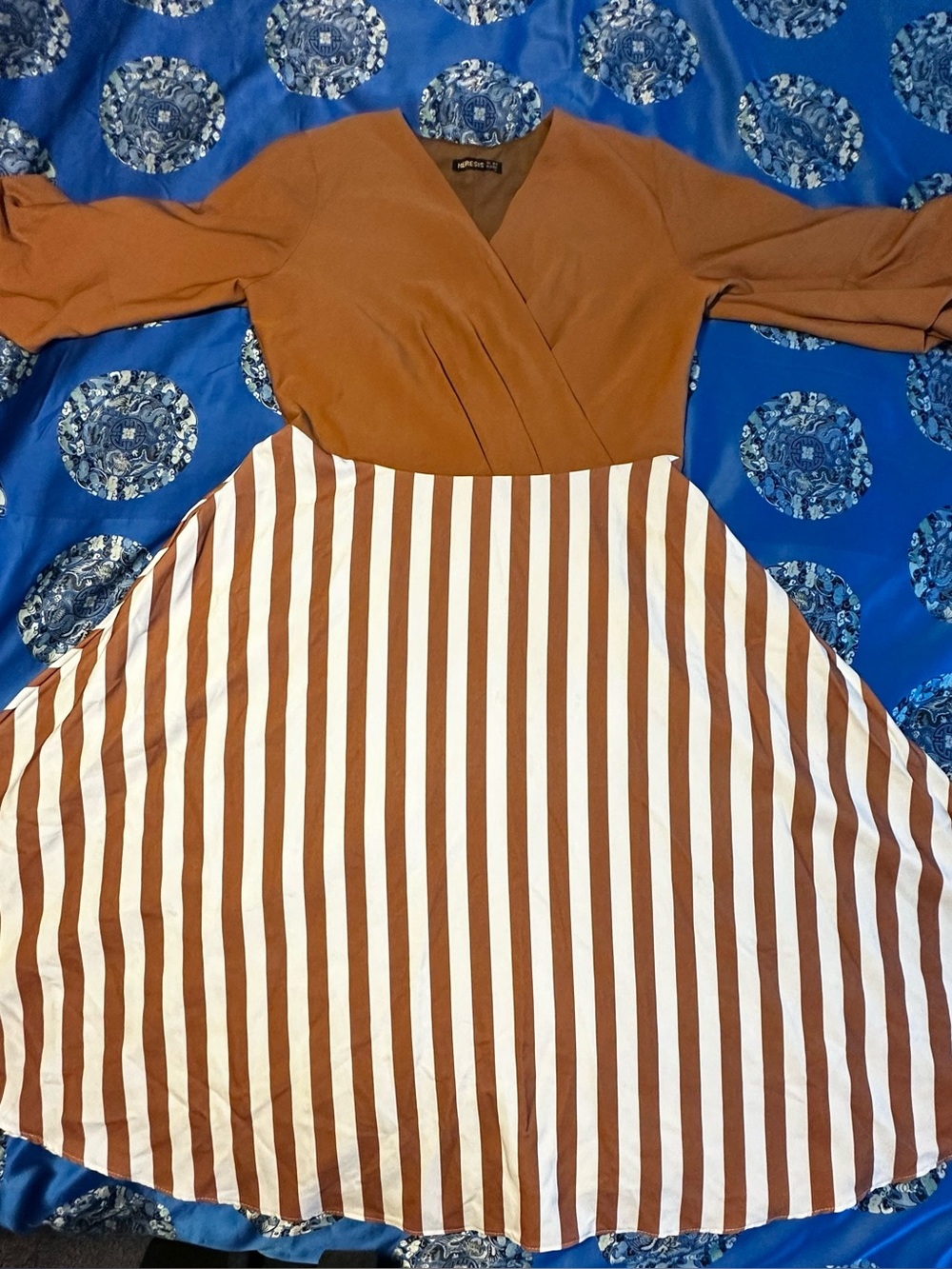 Heresis Italy Mixed Media Striped Midi Dress Faux Wrap Balloon Sleeve Brown 16